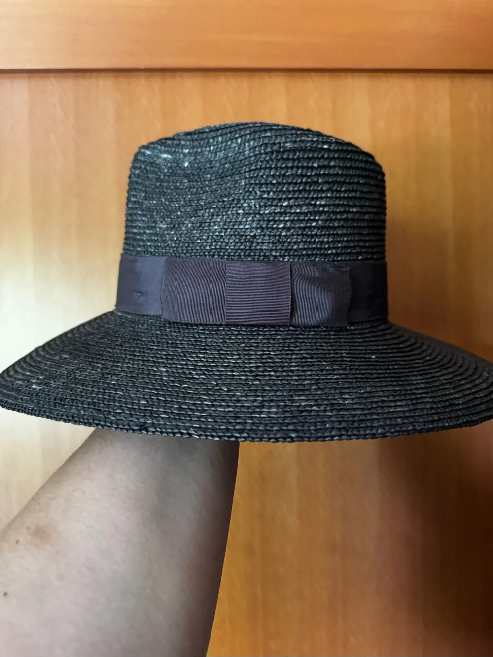 Brixton Charcoal Wide-Brim Straw Fedora with Ribbon Band